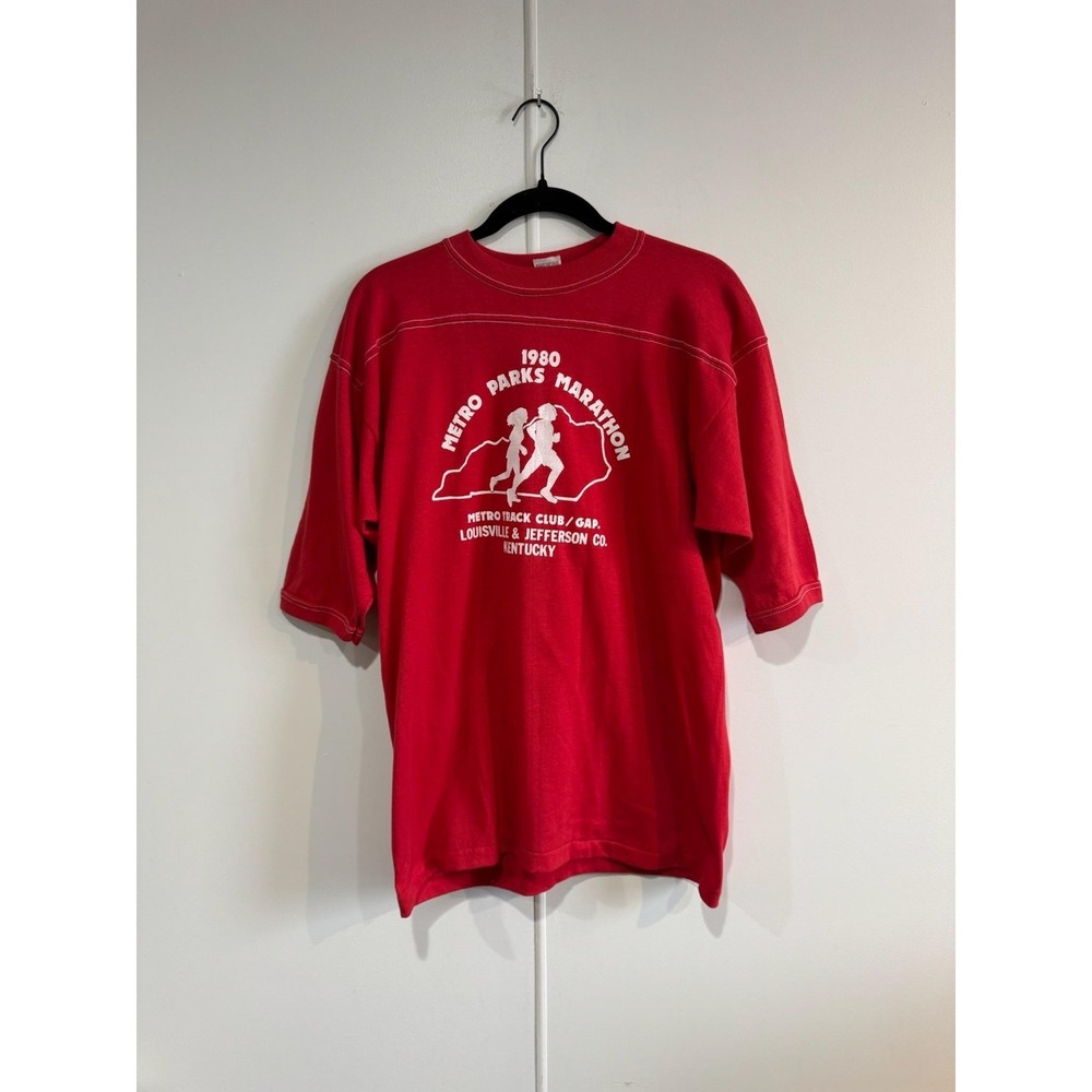 Vintage Metro Parks Marathon Shirt Mens Medium Red Stedman WHAS Running Tee 80s